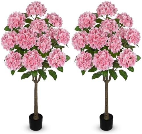 4FT Pink Hydrangea Artificial Flowers Tree 2 Pack Faux Hydrangea Potted by Hollyone