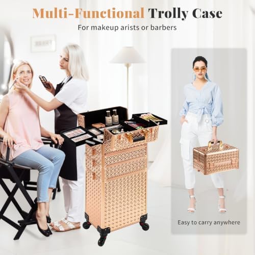 AROUS 5 in 1 Rolling Makeup Train Case with Lid Cosmetology Case on Wheels - Image 6