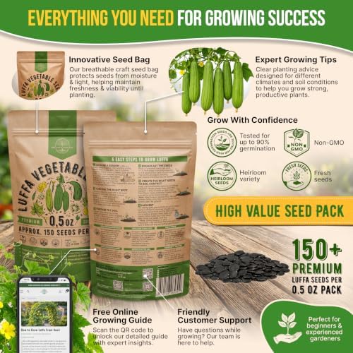 150 Luffa Seeds for Planting - 0.5 oz Heirloom Pack 2026, Loofah Aegyptiaca Gourd Seeds Non-GMO for Outdoor Vegetable Gardens and Trellis Vines - Image 3