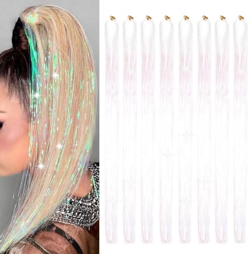 Hair Tinsel 8 Packs 1600 Strands 50 Inch Tinsel Hair Extensions White Heat Resistant Glitter Sparkling Shinny Fairy Hair Accessories for Women(White, 50Inch) by Sala