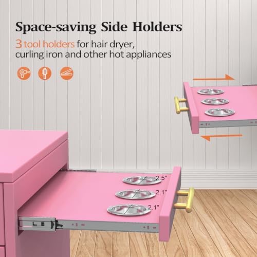 Salon Trolley Cart with Wheels, 3-Drawer Rolling Hair Styling Station, Mobile Beauty Trolley with Hot Tools Holder, Storage for Salon, Barbershop, Spa & Tattoo, Pink - Image 3