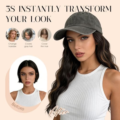 Rich Choices Hat Wigs for Women,Olive Green Baseball Cap with Hair Extensions for Women,Caps with Wavy Curly Synthetic Long Hair Attached Adjustable Baseball Cap Wig 18 Inch Black Hair - Image 6