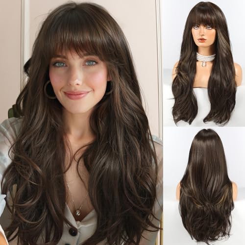HAIRCUBE Long Brown Wig with Bangs Layered Curly Wigs for Women Natural Synthetic Wigs for Daily Use (pelucas de cabello natural) by HAIRCUBE