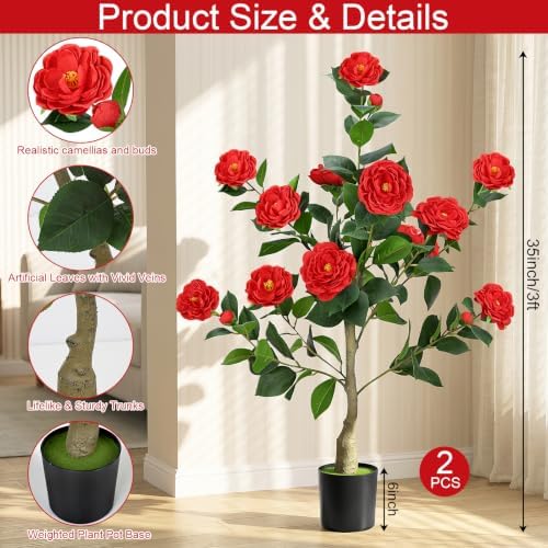 2 Pack 3FT Artificial Camellia Trees with Red Flower for Outdoor - Image 3