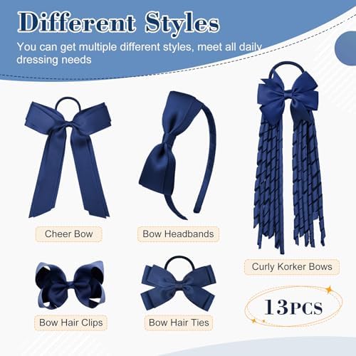 DEEKA Navy Blue School Hair Accessories Set 13 Pcs Uniform Hair Bow Headband Clips Hair Ties Curly Korker Bows for Little Toddler School Girls (Navy) - Image 2
