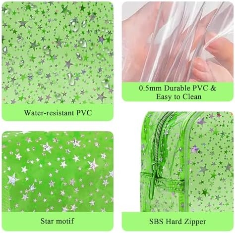 2PCS Clear Star Print Waterproof Makeup Bag, Lagre PVC Cosmetic Pouch with Zipper, Travel Toiletry Organizer for Women, Small Personal Item for Travel, Business Trip, Gym & Daily Use (Green) - Image 4