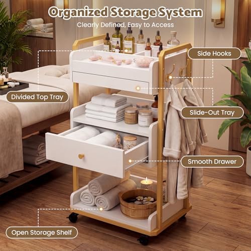 Salon Spa Cart with Storage, 3-Tier Rolling Beauty Storage Cart, White - Image 4