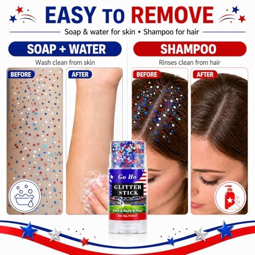 Go Ho Red White and Blue Star Face Glitter Stick,Waterproof Body&Hair Glitter,4th of July Accessories,Patriotic USA Flag Sparkle Stick for Soccer Game Independence Day 250 Anniversary Makeup - Image 6