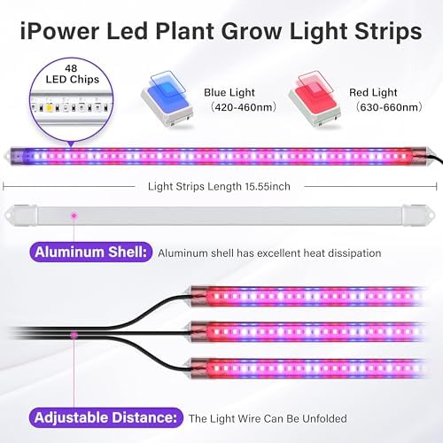 iPower 2Pack 40W LED Grow Lights with Full Spectrum Plant Growing Light Strips for Indoor Plant with Auto ON/Off 3/9/12H Timer, 10 Dimmable Levels 48 LEDs Per Tude, 3 Tubes, Red&Blue - Image 2