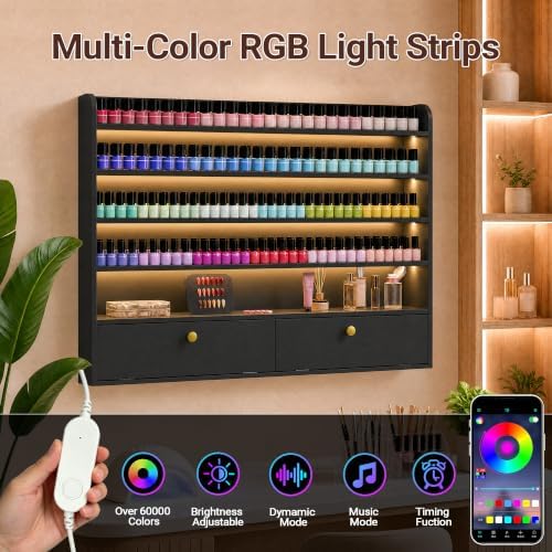 Wood Nail Polish Rack with Cabinet, 5-Tier Nail Polish Display Shelf, Black - Image 3