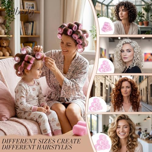 obeoby 4 Sizes Hair Rollers for Women Self-Grip Curlers Set, Pink Star - Image 3
