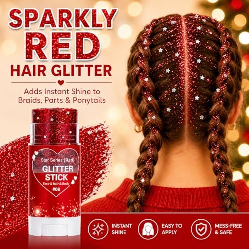 Red Hair Glitter Stick, Face Body Glitter Stick Makeup for Women Girls, School Spirit Week Game Day Cheer Football Accessories, Chunky Shimmer Sequins for Halloween Costume, Concert Festival - Image 3