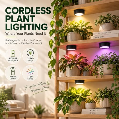 Rechargeable Grow Lights for Indoor Plants, 4000mAh Full Spectrum Wireless Magnetic Puck Grow Lights with Remote Control, Timer, Stepless Dimming and Type-C Charging for Plant Shelf (3, Pack) - Image 2