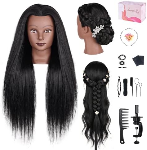 Mannequin Head with 80% Real Hair, 26" Styling Training Head Cosmetology Mannequin Head, Practice Training Doll Head with Clamp Holder and Tools (Black) by MYSWEETY