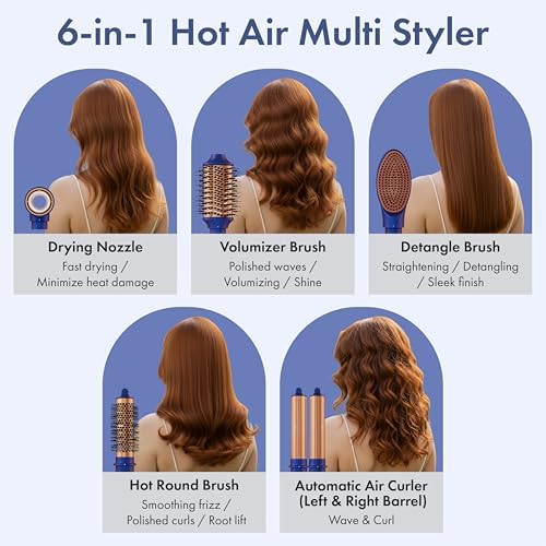 6-in-1 Hot Air Multi-Styler with Case, Hair Dryer & Blow Dryer Thermal Round Brush, Auto-Wrap Curler & Straightener, Fast Drying & Negative Ion Styling for Smooth Frizz-Free Blowouts (Blue Noir) - Image 3
