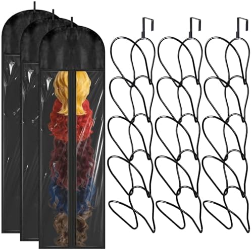 3 Set Wig Storage Organizers for Multiple Wigs Strorage Bags with Hangers Racks Dust-proof Space Saving Hair Extensions Hanging Holder for Hat Tie Scarf Handbag Towel Accessories by WelcometoLawnIdyll