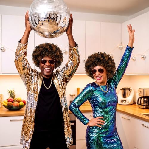 Gejoy Mens Disco Costume Set, 70s Afro Wig Glasses Chain, Brown Black Hair - Image 5