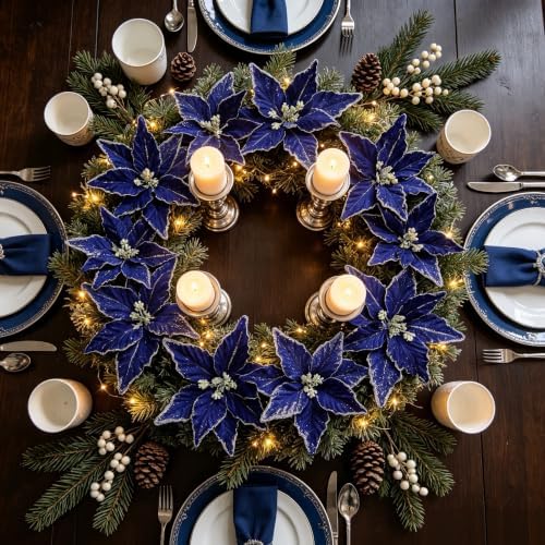 Kimura's Cabin 6Pcs Artificial Poinsettia Christmas Flowers Set,Royal Blue - Image 5
