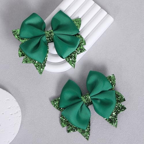 Girls Christmas Dark Green Hair Bow Clips 2 Pcs 3.5" Glitter Leather Ribbon Dress Bow Alligator Barrettes for Toddler Teens Kids Women Xmas Easter Holiday Party Costume Accessory Gift - Image 2