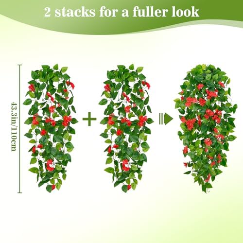 BLEUM CADE Artificial Hanging Flowers for Outdoors, 2pcs Fake Hanging Plants Pothos Vines with Red Flowers for Wall Home Living Room Indoor Outdoor Decor (No Baskets) - Image 2