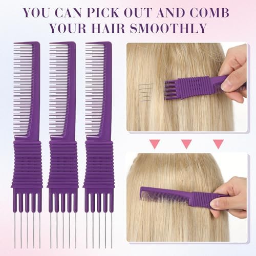 Leinuosen 3 Pack Teasing Combs with Metal Pick, Purple - Image 3