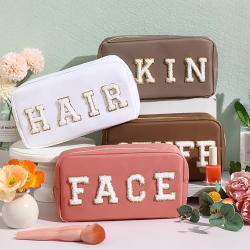 Remerry 4 Pcs Nylon Makeup Bags Waterproof Spacious Travel Cosmetic Bag for Women Chenille Letter Preppy Zipper Pouch Face Stuff Skin Hair Organizer Gift(Multicolor) - Image 2