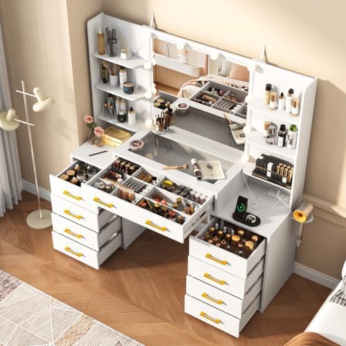 jiteentarou Vanity Desk with Mirror and Lights, 55" Extra Large Makeup Vanity with 9 Drawers, Makeup Table with Charging Station and Hairdryer Holder, Modern Dressing Table for Bedroom, White - Image 4