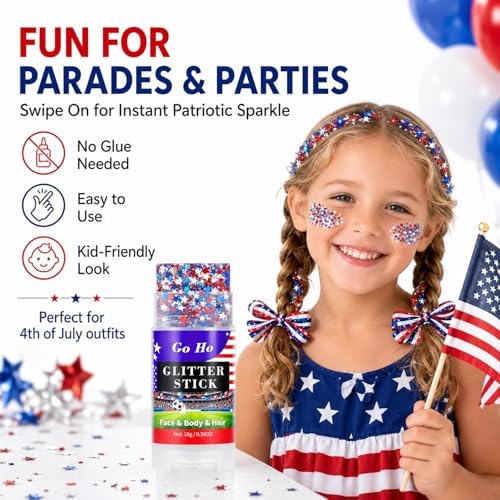 Go Ho Red White and Blue Star Face Glitter Stick,Waterproof Body&Hair Glitter,4th of July Accessories,Patriotic USA Flag Sparkle Stick for Soccer Game Independence Day 250 Anniversary Makeup - Image 3