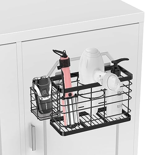 Hair Tool Organizer - Black Steel Wall Mounted Hair Dryer Holder with Removable Basket, 10.62"L x 4.33"W x 6.69"H, Ideal for Small Bathrooms - Image 4