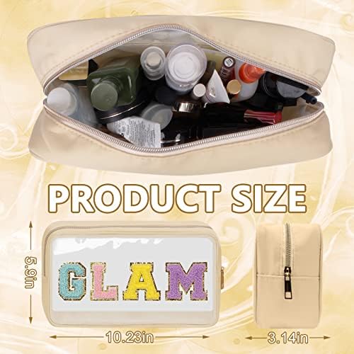Iqimott Clear Patch Makeup Bag Monogram Pouch, Preppy Personalized Chenille Letter Cosmetic Pouch for Travel, Nylon Waterproof Organizer Travel Essentials Zipper Toiletry Bags for Women Girls(Beige) - Image 2