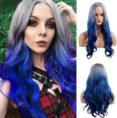 Long Curly Wavy Silver Grey to Blue Wig Middle Part Natural Looking Synthetic Cosplay Wig for Women by Beweig