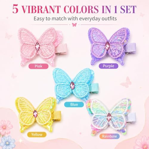 5 Pcs Butterfly Hair Bows Clips for Girls, Fully Lined Soft Fabric Alligator Clips, Safe Non-Slip Barrettes for Kids & Toddlers, Handmade Spring Accessories for Daily Wear - Image 3