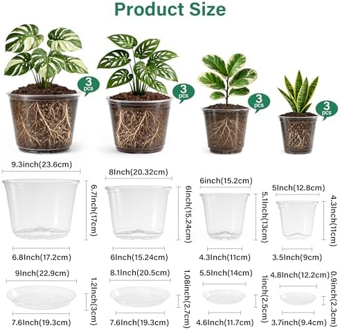 Bluepro Clear Nursery Pots with Saucers, 5/6/8/10 Inch, 12-Pack - Image 2