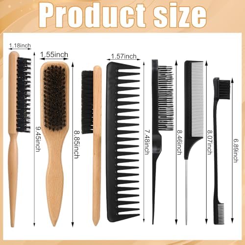 6PCS Boar Bristle Slick Back Hair Brush with Edge Brush Rat Tail Comb, Wide Tooth Comb for Men Women - Image 4