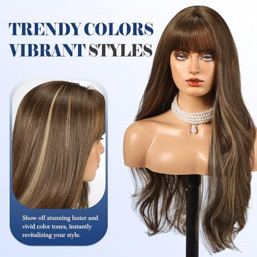 HAIRCUBE Long Brown with Blonde Highlight Wig with Bangs 22 inch Layered Curly Wigs for Women Natural Synthetic Wigs for Daily Use (wig cap:22-24 inch) - Image 4