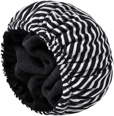 Shower Cap for Men Black Bath Cap, Reversible Terry Lined Large Waterproof Adjustable Shower Caps Elastic Band Stretch Hem Hair Hat for braids by AILEAM