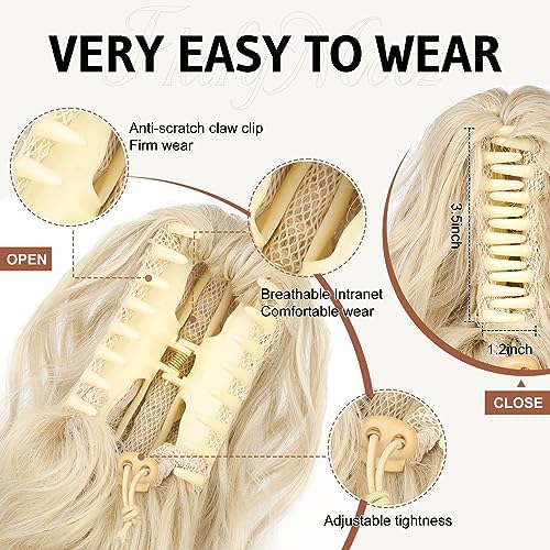 Flufymooz Ponytail Extension, 18 Inch Claw Clip Ponytail Extension, Wavy Curly Claw Clip in Ponytail Hair Extensions, Natural Fake Ponytail Synthetic Hairpiece for Women (Cool Blonde) - Image 3