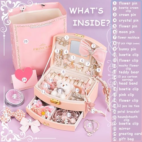 Princess Jewelry Box for Girls with Hair Accessories,Girls Hair Clips Bows Set, Fashion Hair Styling Kit with Mirror,Pink Sparkle Trinket Box Includes Hair Clips - Image 2