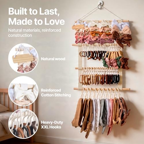 Bow Holder for Girls Hair Bows, Hair Bow Organizer, Headband Holders, Hanger Wall, Clip Organizer, Ribbon Storage for BabyGirl Nursery Wall Decor - Nametag, XXL Hooks, Stickers included - Beige - Image 5