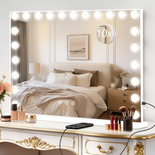 Moonee Vanity Mirror with Lights, Hollywood Lighted Makeup Mirror with 23 Dimmable Bulbs and 10X Magnification, 3 Colors Modes, Light Up Mirror, Gifts for Women, Girls,Dorm Room Essentials（44" x 30"） by Moonee