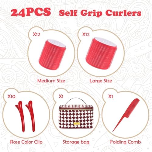 Sungenol Hair Rollers 24 Pcs Self-Grip Heatless Curlers Set for Volume - 12 Extra Large & 12 Large with Clips, Comb and Makeup Bag for Long Hair Salon Blowout (24, Red) - Image 3