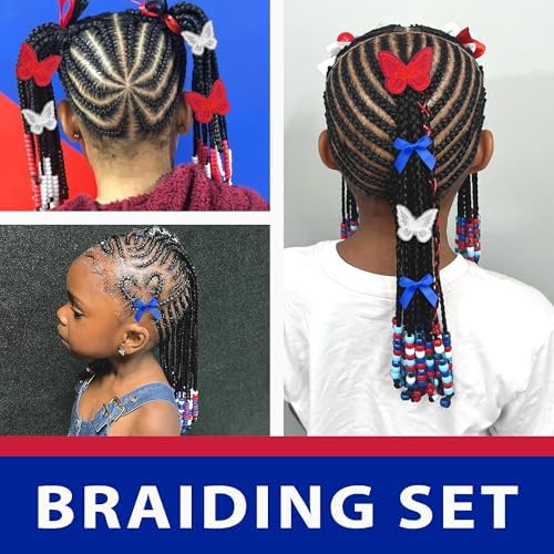 100pcs Hair Beads for Kids Girls Navy Satin Small Hair Bows Acrylic Loc Dreadlock Lace Embroidery Butterfly Hair Clips National Flag Colors Silicone Beads for Braids - Image 2