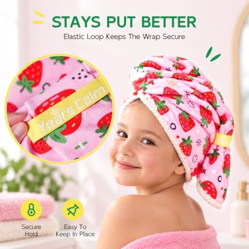 Years calm Microfiber Hair Towel for Kids,Large Dry Hair Cap Strawberry - Image 7