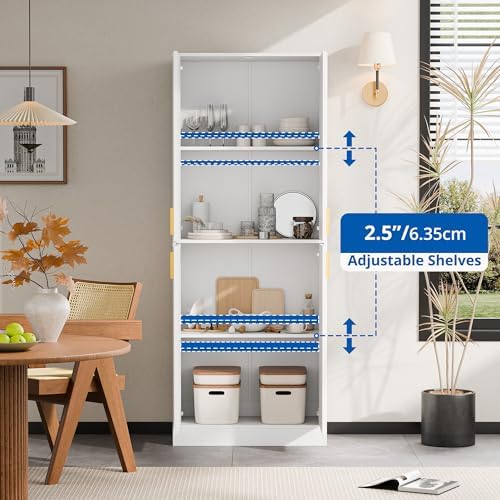 Cozy Castle Kitchen Pantry Cabinet, 71" Tall Wood Storage Cabinet with Doors and Shelves 4 Doors Freestanding Cupboard for Dining Room Living Room Furniture, White - Image 5