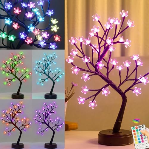 Pooqla RGB Cherry Blossom Tree Light with Remote 28 Colors LED Artificial Flower Bonsai Tree, RGB Table Top Lamp Home Lit Tree Valentine's Day Decoration 36 LED, Brown Branch by Pooqla