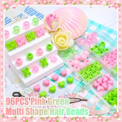 NAISKA 96PCS Green Pink Hair Beads Cute Beads for Hair Round Braids Beads - Image 2