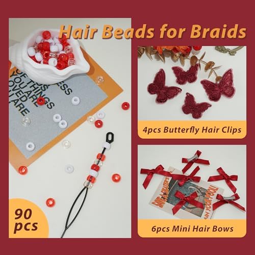 100PCS Hair Beads for Braid Wine Red Mini Bow Hair Clips Lace Embroidery Butterfly Hair Clips Gradient Acrylic Pony Beads Loc Dreadlock Kits for Women - Image 5
