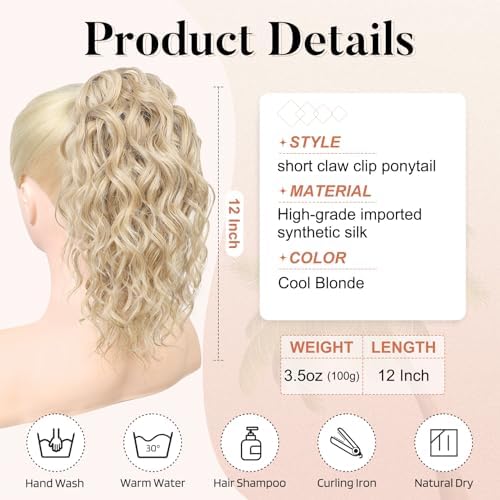 Flufymooz Ponytail Extension, 12" Short Claw Ponytail Extension Wavy Curly Jaw Clip in Pony tails Hair Extension Natural Synthetic Hairpiece for Women (Cool Blonde) - Image 3