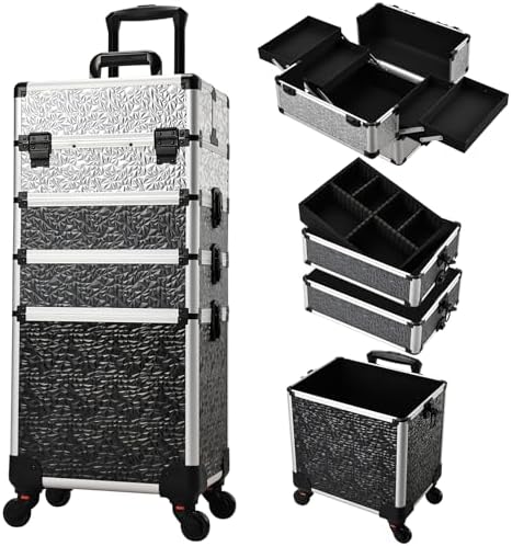 Stagiant Rolling Makeup Train Case Cosmetology Case on Wheels 4 in 1 Large Cosmetic Case with Wheels Makeup Travel Case with Keys Nail Kits Organizer Artist Salon Storage Traveling Cart Trunk Tricolor by Stagiant