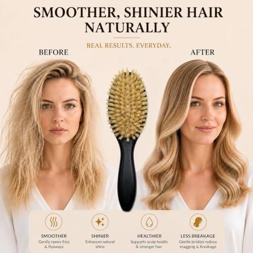 100% Boar Bristle Hair Brush for Fine Hair, Soft Boar Bristle Oval Cushion Brush for Girls & Women with North American Oak Wood Handle, Wide Tooth Comb & 2-in-1 Cleaning Tool for Daily Shine, Black - Image 5